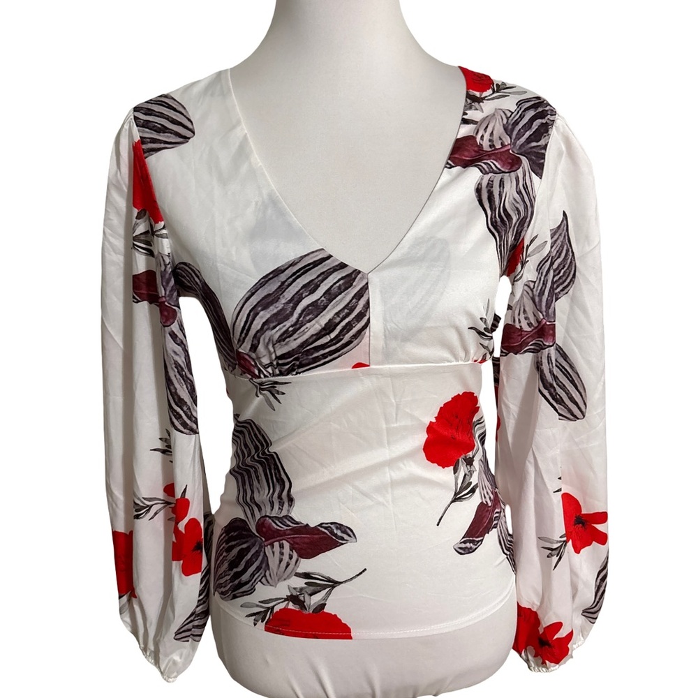 CBR Red Black Floral V Neck Blouse